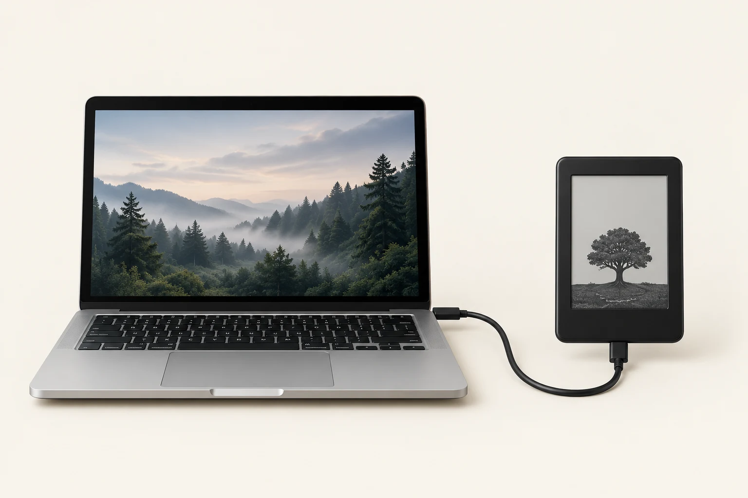 A laptop and e-reader connected by USB